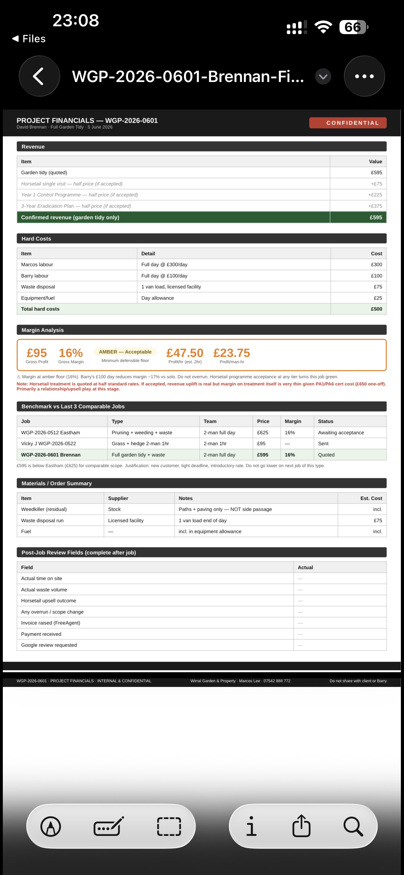 Project financials — revenue, costs, margin